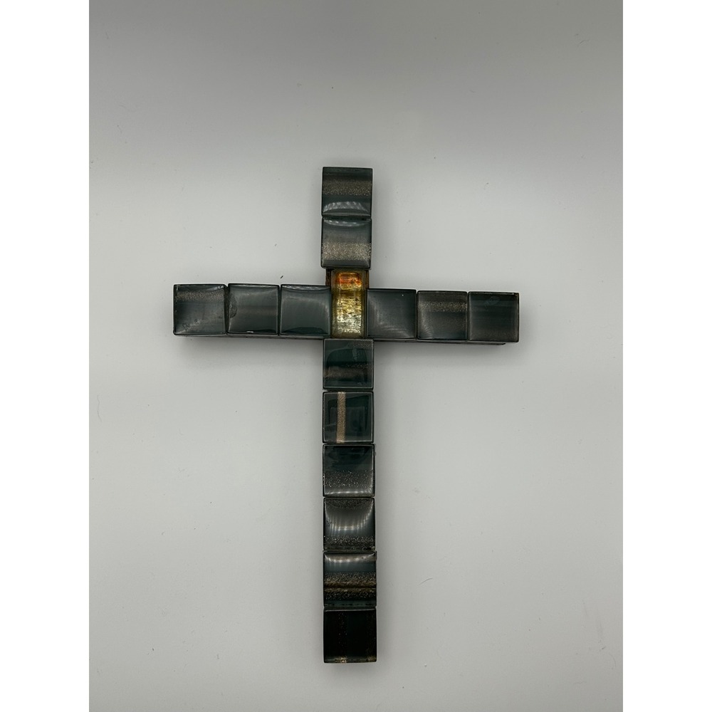 Handmade Mosaic Glass Wall Cross Dark Iridescent Tiles Wood Base Religious Art